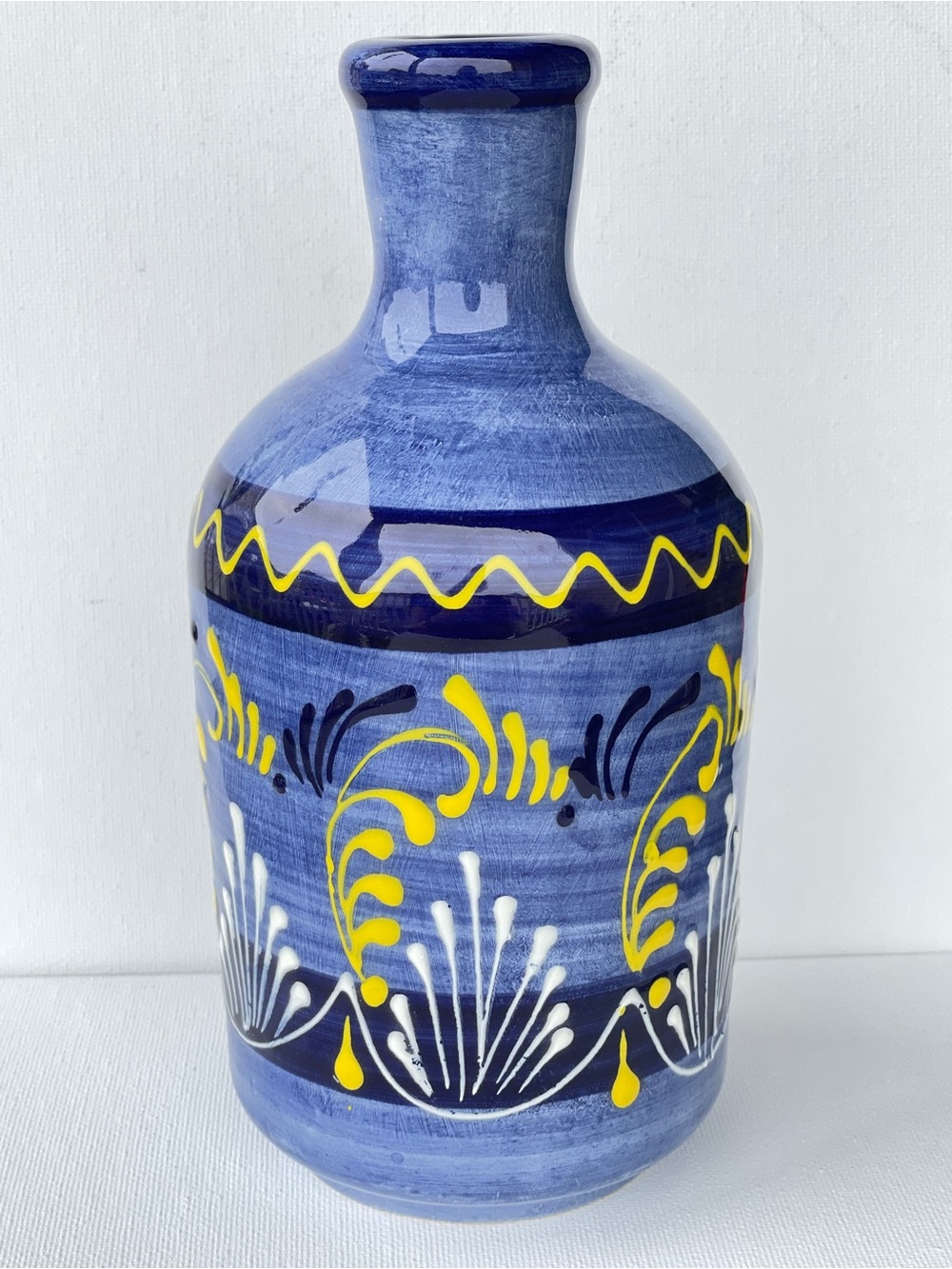 Hnos Pedraza Hand Painted Blue Yellow White Ceramic Bottle Vase Spain